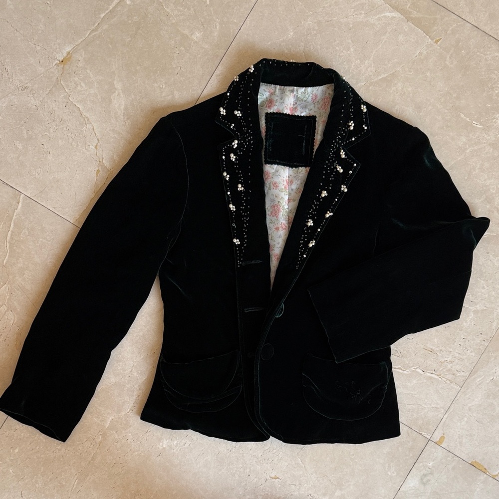 Dark green Velvet Women's Blazer with Beaded Collar